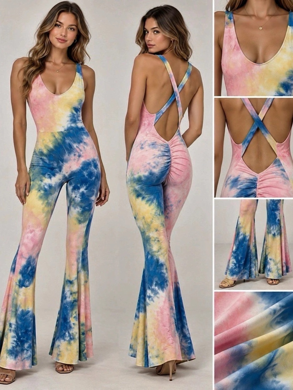 Fashion Nova Tie-Dye Flare Jumpsuit in Pink & Blue Size Small
